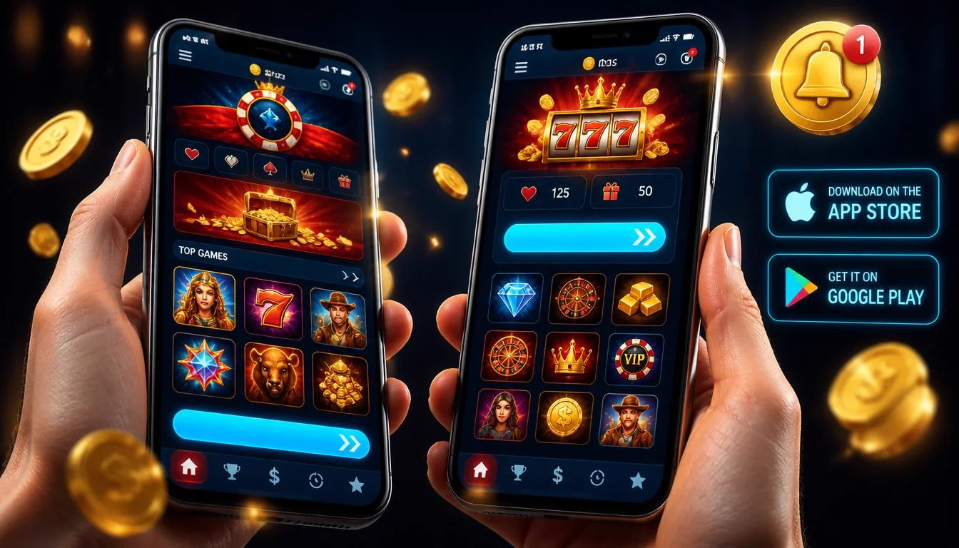 Aplicación móvil de QuickWin Casino mostrando juegos, bono y botón de descarga en un smartphone
