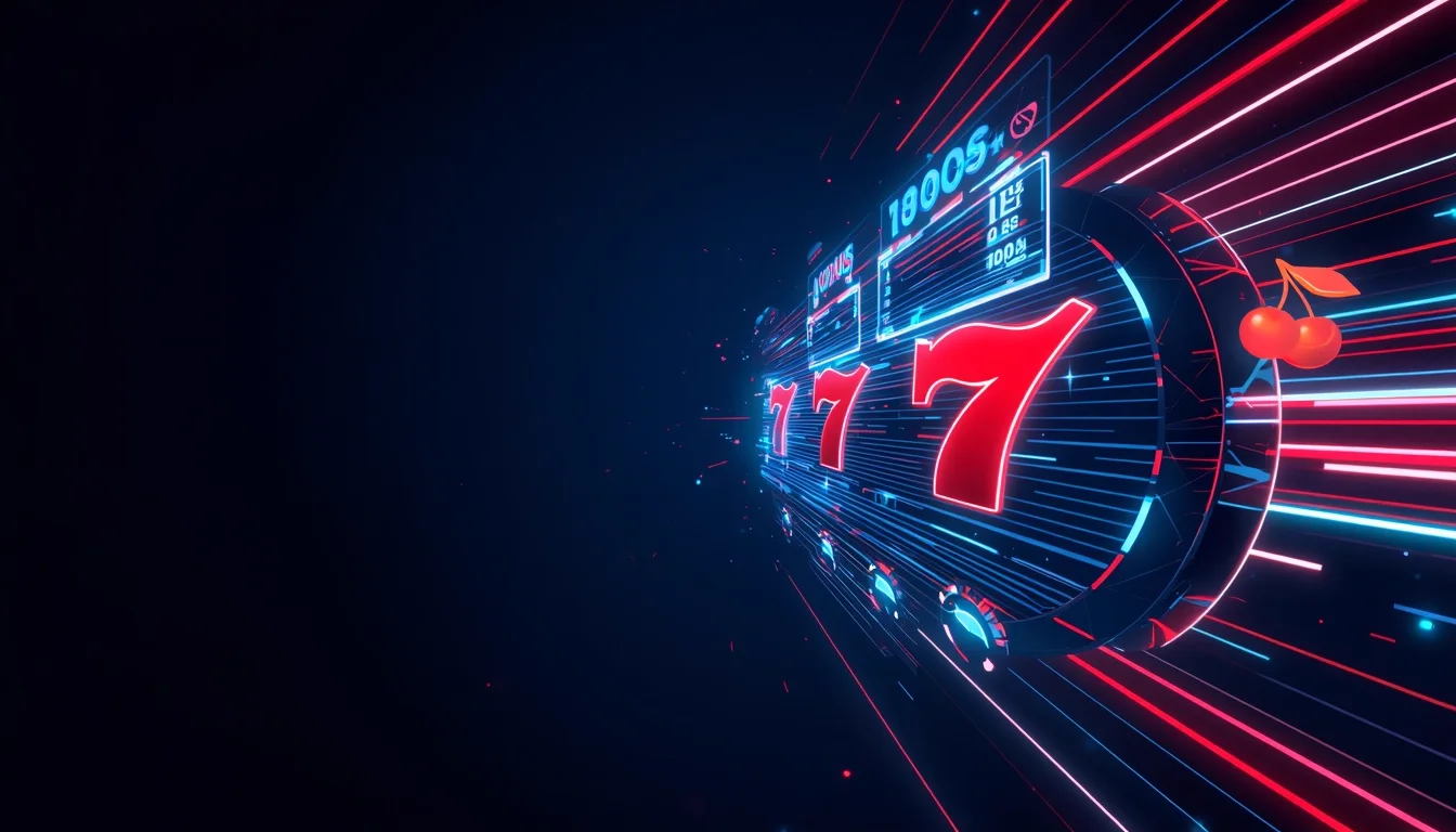 QuickWin Casino España — slot machine con 777 y luces neón rojas y cian sobre fondo azul, banner del bono 500€